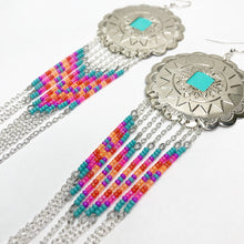 Load image into Gallery viewer, Large Silver Concho earrings with dangling beading in turquoise, hot pink, purple and orange with chain fringe