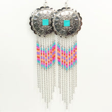 Load image into Gallery viewer, Large Silver Concho earrings with dangling beading in turquoise, hot pink, purple and orange with chain fringe