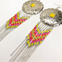 Load image into Gallery viewer, Large Silver Concho with dangly beading in yellow, hot pink, orange and turquoise finished on fishhooks