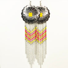 Load image into Gallery viewer, Large Silver Concho with dangly beading in yellow, hot pink, orange and turquoise finished on fishhooks