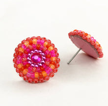 Load image into Gallery viewer, Small, round, beaded stud earrings in coral, hot pink and orange