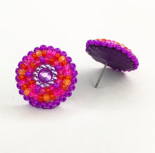 Load image into Gallery viewer, Small, round, beaded stud earrings in purple, coral, hot pink and orange