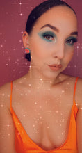 Load image into Gallery viewer, Modeling small, round, beaded stud earrings in turquoise, hot pink, coral and orange