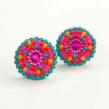 Load image into Gallery viewer, Small, round, beaded stud earrings in turquoise, hot pink, coral and orange