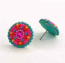 Load image into Gallery viewer, Small, round, beaded stud earrings in turquoise, hot pink, coral and orange