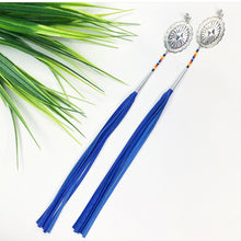 Load image into Gallery viewer, Silver Concho Earring with blue, red, orange and yellow beading attached to long blue leather tassels on stud post