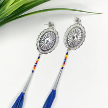 Load image into Gallery viewer, Silver Concho Earring with blue, red, orange and yellow beading attached to long blue leather tassels on stud post