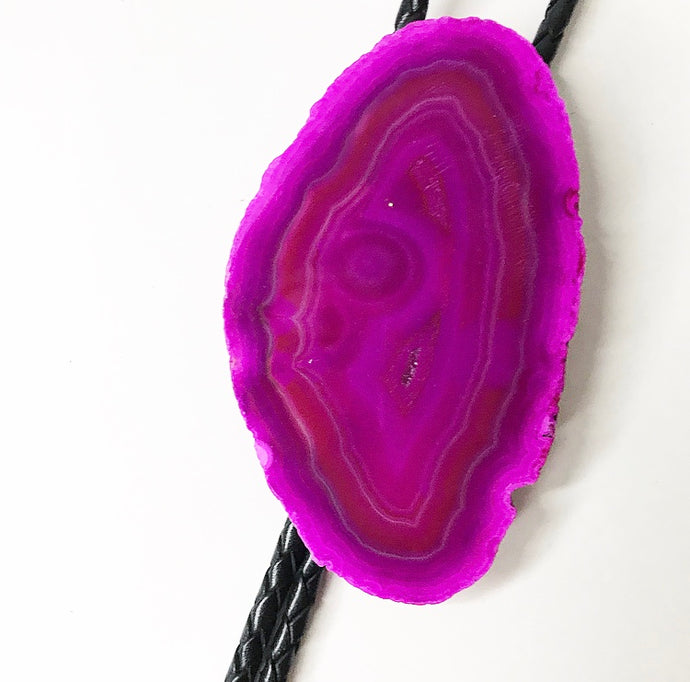 Pink Agate Slice on Black Leather Cord Bolo Tie