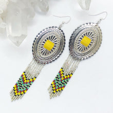 Load image into Gallery viewer, Large Silver Concho with dangly beading in yellow, burgundy, turquoise and lime green attached finished on fishhooks