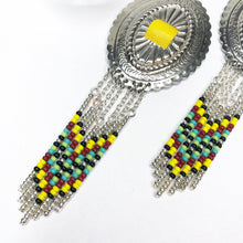 Load image into Gallery viewer, Large Silver Concho with dangly beading in yellow, burgundy, turquoise and lime green attached finished on fishhooks