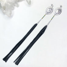 Load image into Gallery viewer, Silver Concho Earring with yellow, burgundy, turquoise and lime green beading attached to long black leather tassels on stud post