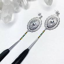 Load image into Gallery viewer, Silver Concho Earring with yellow, burgundy, turquoise and lime green beading attached to long black leather tassels on stud post