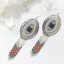 Load image into Gallery viewer, Large Silver Concho with dangly beading in turquoise, pink, red and yellow attached finished on fishhooks