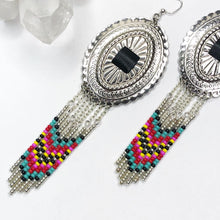Load image into Gallery viewer, Large Silver Concho with dangly beading in turquoise, pink, red and yellow attached finished on fishhooks