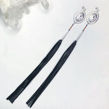 Load image into Gallery viewer, Silver Concho Earring with turquoise, pink, red and yellow beading attached to long black leather tassels on stud post