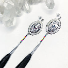 Load image into Gallery viewer, Silver Concho Earring with turquoise, pink, red and yellow beading attached to long black leather tassels on stud post