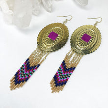 Load image into Gallery viewer, Large Gold Concho with dangly beading in navy, burgundy, magenta attached and light blue finished on fishhooks