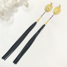 Load image into Gallery viewer, Gold Concho Earring with navy, burgundy, magenta and light blue beading and long black leather tassels on stud post