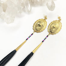 Load image into Gallery viewer, Gold Concho Earring with navy, burgundy, magenta and light blue beading and long black leather tassels on stud post