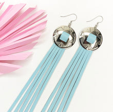 Load image into Gallery viewer, Silver Concho earrings with Pastel, baby blue, leather fringe on fish hooks