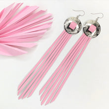 Load image into Gallery viewer, Silver Concho earrings with Pastel, baby pink, leather fringe on fish hooks