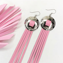 Load image into Gallery viewer, Silver Concho earrings with Pastel, baby pink, leather fringe on fish hooks