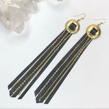 Load image into Gallery viewer, Gold Concho, Black Leather Fringe Earrings with Gold chain on a Fishhook