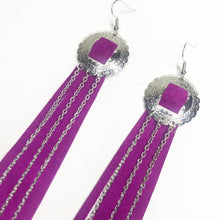 Load image into Gallery viewer, Magenta Suede Fringe Earrings with Silver Concho