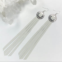 Load image into Gallery viewer, Silver Concho, White Leather Fringe Earrings without chain detailing on Fishhooks