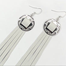 Load image into Gallery viewer, Silver Concho, White Leather Fringe Earrings without chain detailing on Fishhooks