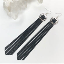 Load image into Gallery viewer, Silver Concho, Black Leather Fringe earrings on Fishhooks