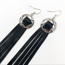 Load image into Gallery viewer, Silver Concho, Black Leather Fringe earrings on Fishhooks
