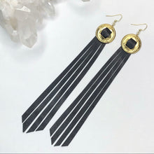 Load image into Gallery viewer, Gold Concho, Black Leather Fringe Earrings on a Fishhook