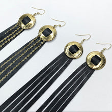 Load image into Gallery viewer, Gold Concho, Black Leather Fringe Earrings on a Fishhook