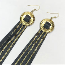 Load image into Gallery viewer, Gold Concho, Black Leather Fringe Earrings with Gold chain on a Fishhook