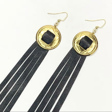 Load image into Gallery viewer, Gold Concho, Black Leather Fringe Earrings with Gold chain on a Fishhook