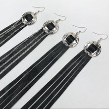 Load image into Gallery viewer, Silver Concho, Black Leather Fringe earrings on a Fishhook