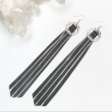 Load image into Gallery viewer, Silver Concho, Black Leather Fringe earrings with Chain on Fishhooks
