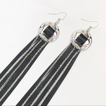 Load image into Gallery viewer, Silver Concho, Black Leather Fringe earrings with Chain on Fishhooks