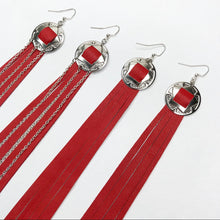 Load image into Gallery viewer, Silver Concho, Red Leather Fringe earrings with and without chain details on fish hooks