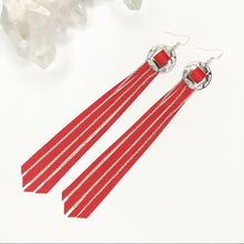 Load image into Gallery viewer, Silver Concho, Red Leather Fringe earrings with chain details on fish hooks