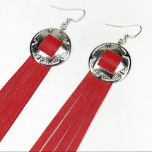 Load image into Gallery viewer, Silver Concho, Red Leather Fringe earrings without chain details on fish hooks