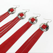 Load image into Gallery viewer, Silver Concho, Red Leather Fringe earrings with and without chain details on fish hooks