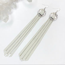 Load image into Gallery viewer, Silver Concho, White Leather Fringe Earrings with chain detailing on Fishhooks
