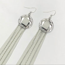 Load image into Gallery viewer, Silver Concho, White Leather Fringe Earrings with chain detailing on Fishhooks