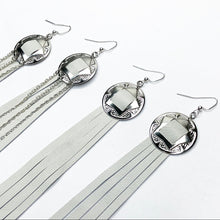 Load image into Gallery viewer, Silver Concho, White Leather Fringe Earrings with and without chain detailing on Fishhooks
