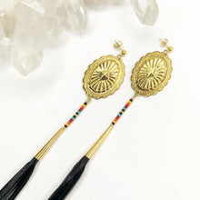 Load image into Gallery viewer, Gold Concho Earring with deep yellow, orange, red and turquoise beading and long black leather tassels on stud post
