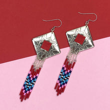 Load image into Gallery viewer, Diamond shaped silver concho with red, pink, baby blue & navy dangling bead work on fishhooks