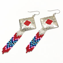 Load image into Gallery viewer, Diamond shaped silver concho with red, pink, baby blue & navy dangling bead work on fishhooks