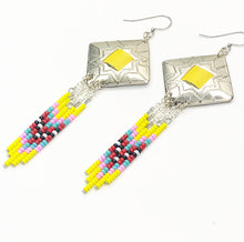 Load image into Gallery viewer, Diamond shaped silver concho with yellow, pink, turquoise and red dangling bead work on fishhooks